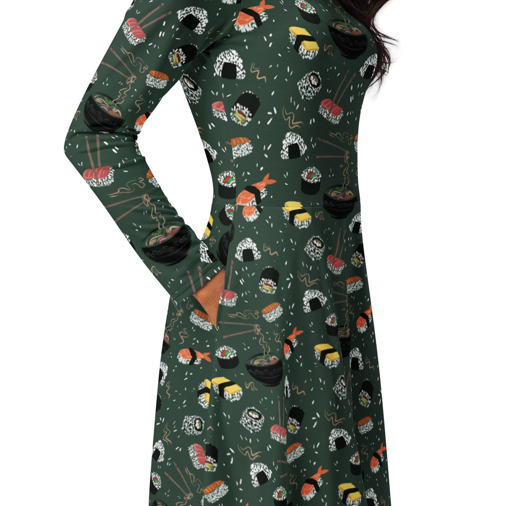 Nerdy Oishi Sushi Green Long Sleeve Midi Dress
