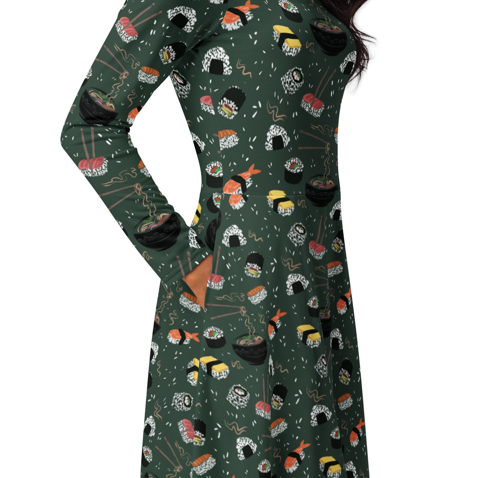 Nerdy Oishi Sushi Green Long Sleeve Midi Dress