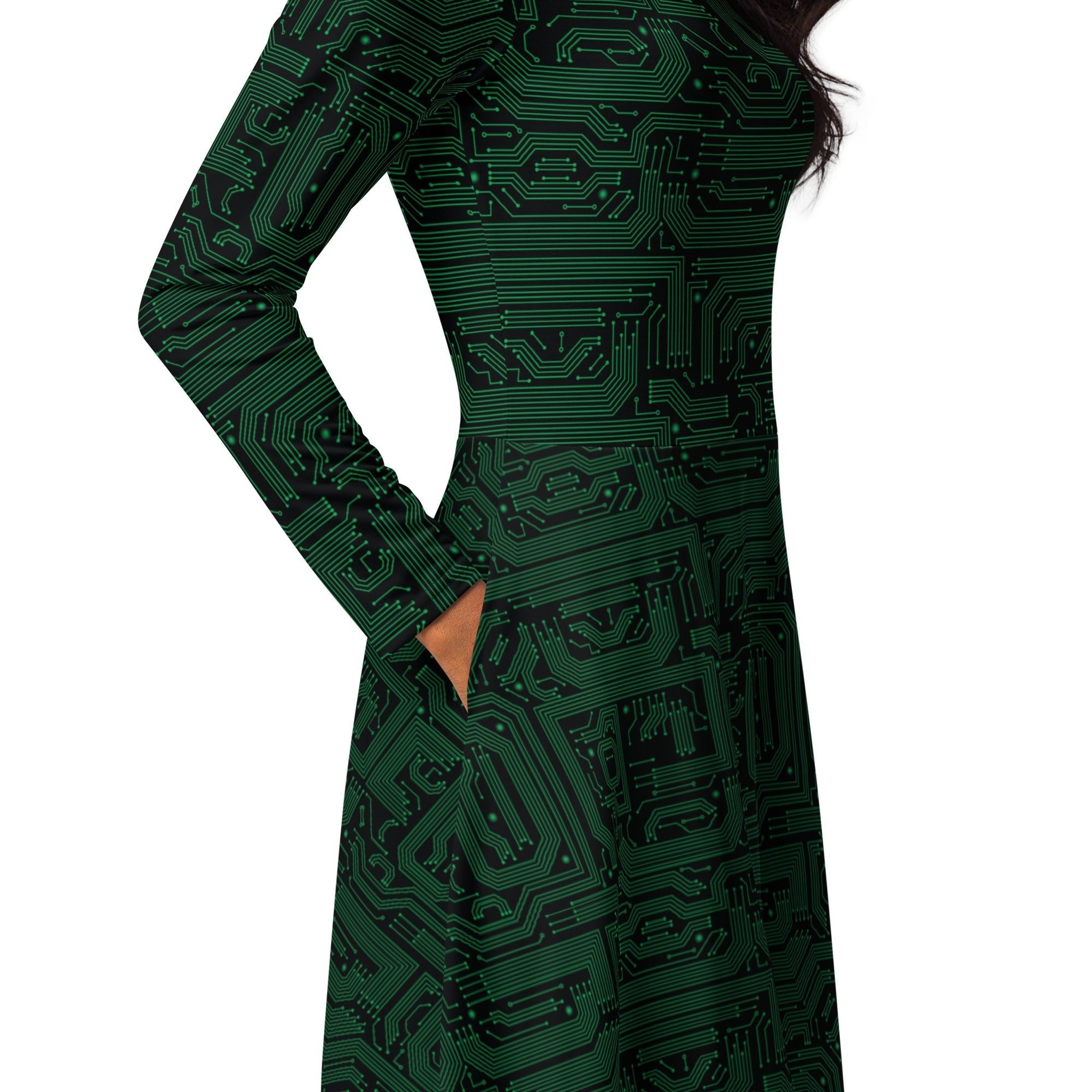 Nerdy Green Computer Circuits Long Sleeve Midi Dress