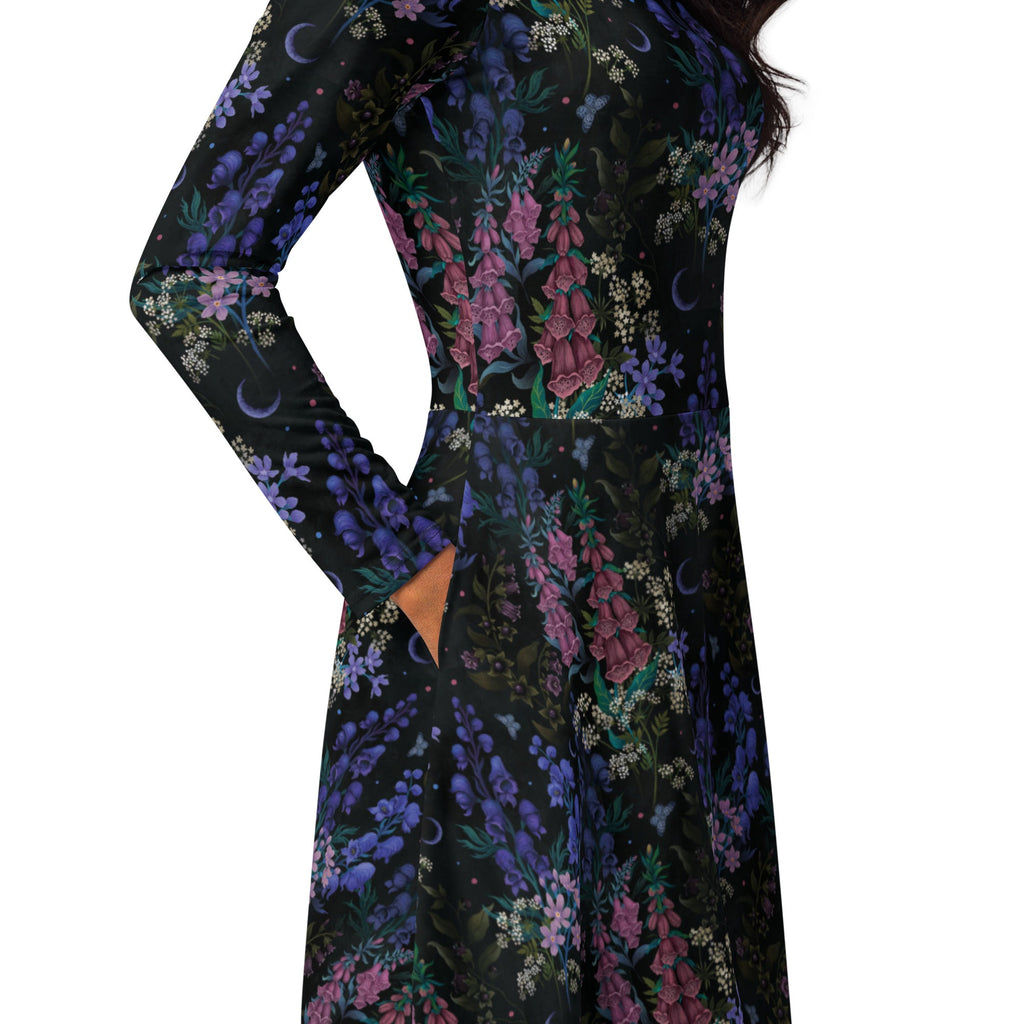 Nerdy Floral Purple Night Long Sleeve Midi Dress