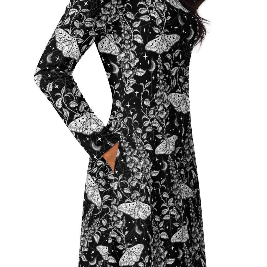 Nerdy Episodic Moth Black White Night Long Sleeve Midi Dress