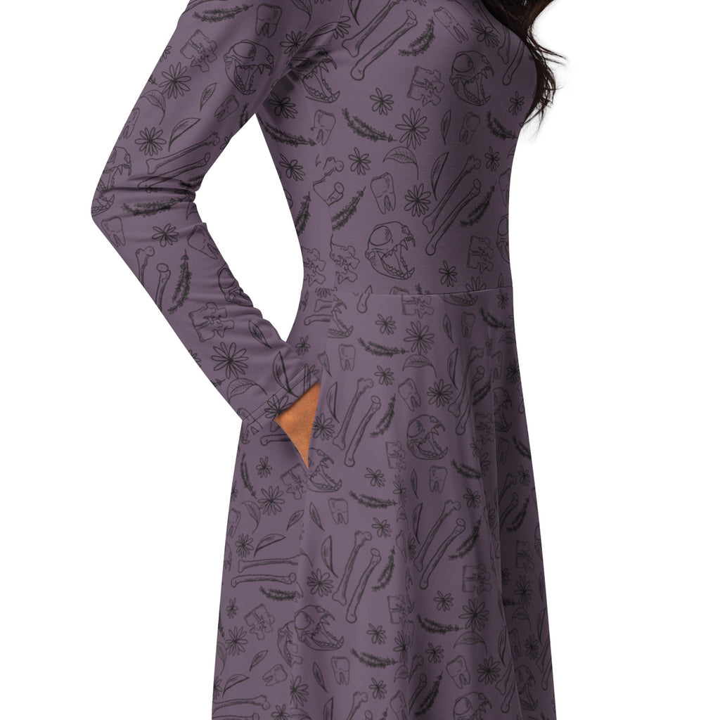 Nerdy Bones and Flowers Purple Long Sleeve Midi Dress
