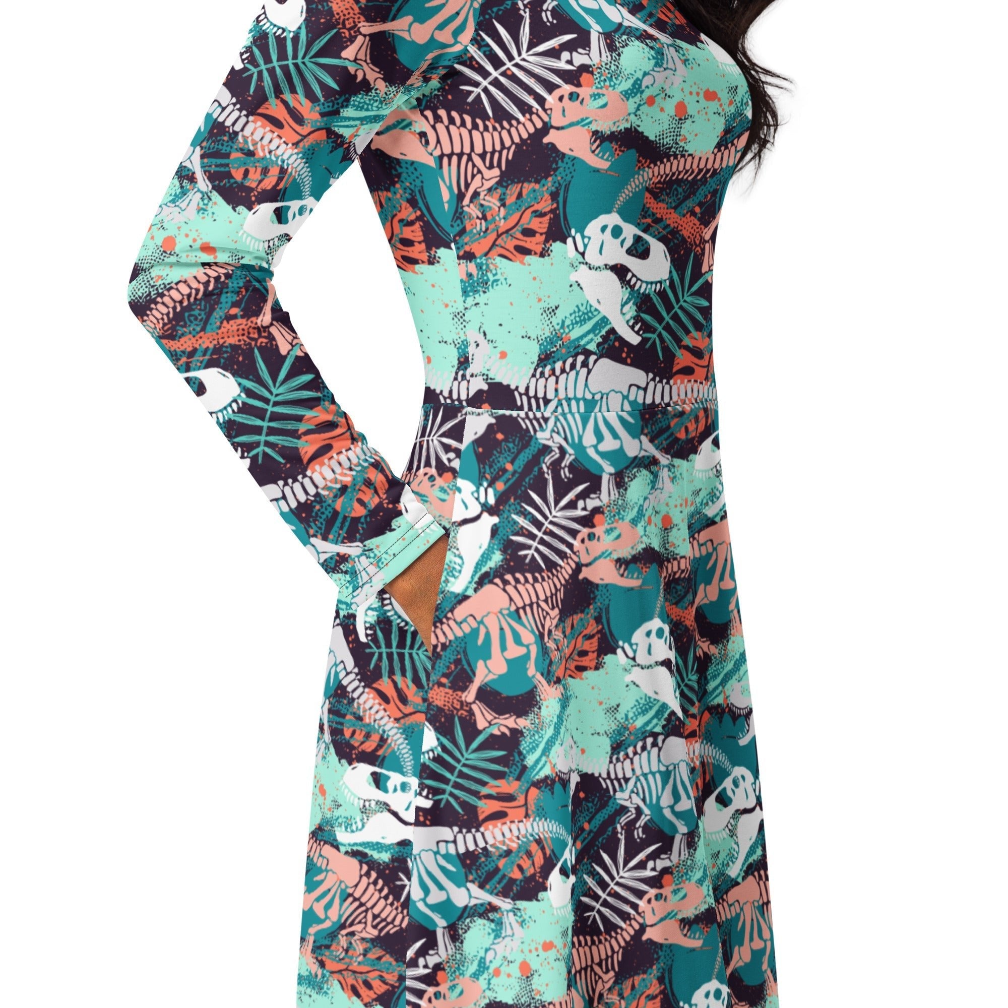 Nerdy T - Rex Bones Footprints Green Long Sleeve Midi Dress
