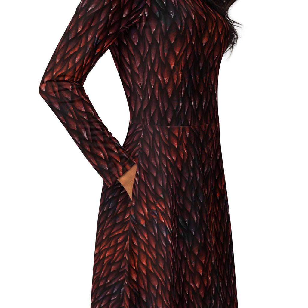 Nerdy Red Dragon Scales Dnd Long Sleeve Midi Dress
