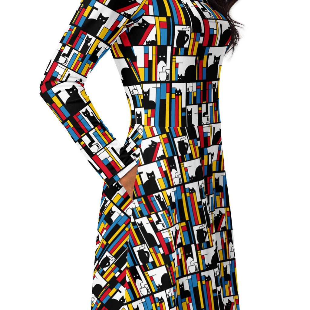 Nerdy Mondrian Cat Library Long Sleeve Midi Dress