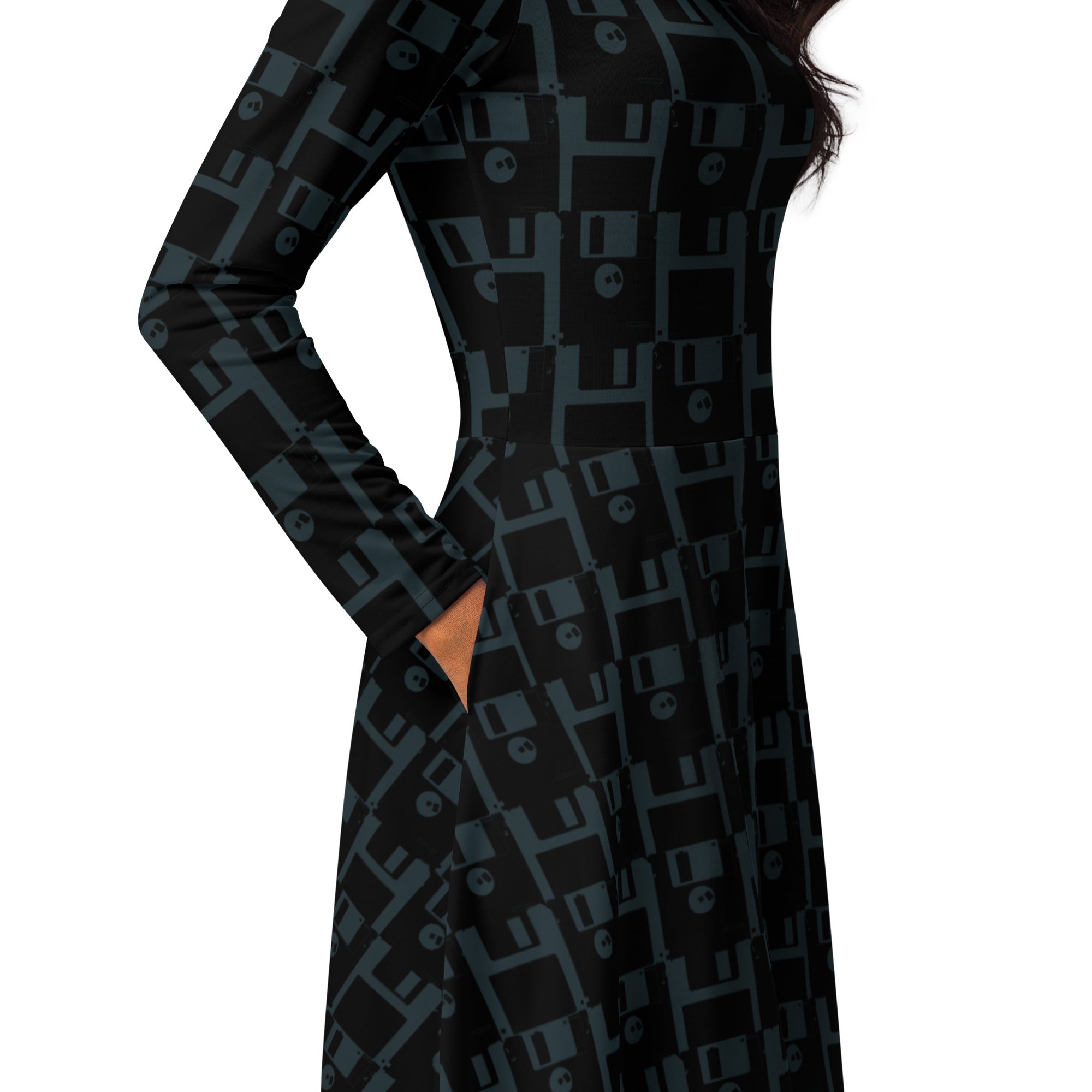Nerdy Floppy Disk Long Sleeve Midi Dress