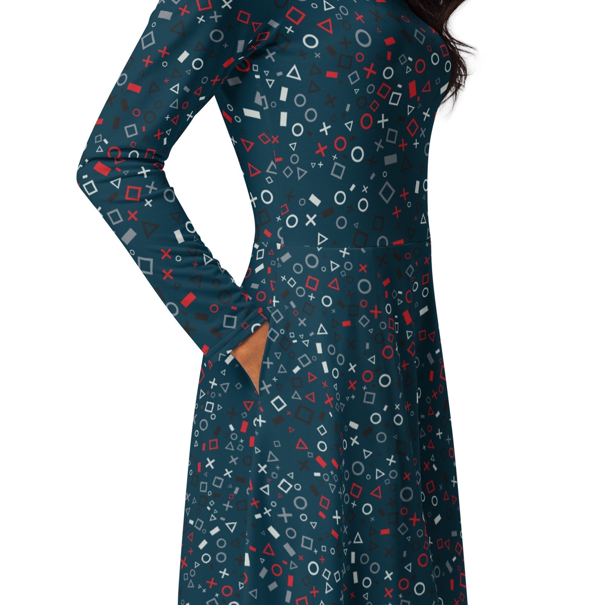 Nerdy Controller Gamepad Icons Teal Video Game Long Sleeve Midi Dress