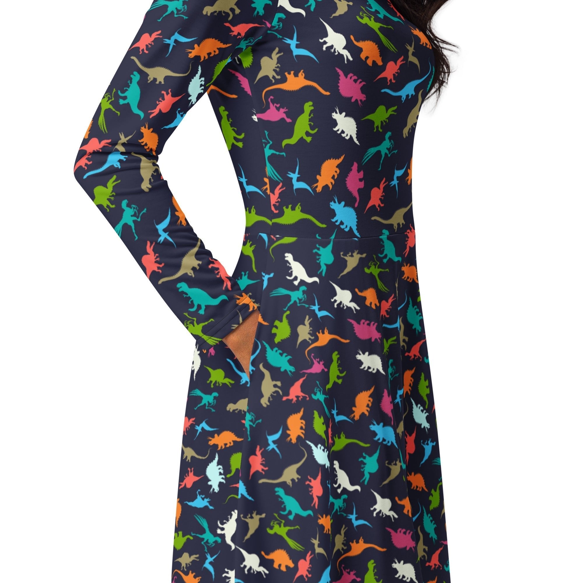 Nerdy Colorful Dinosaur Silhouettes Navy Long Sleeve Midi Dress