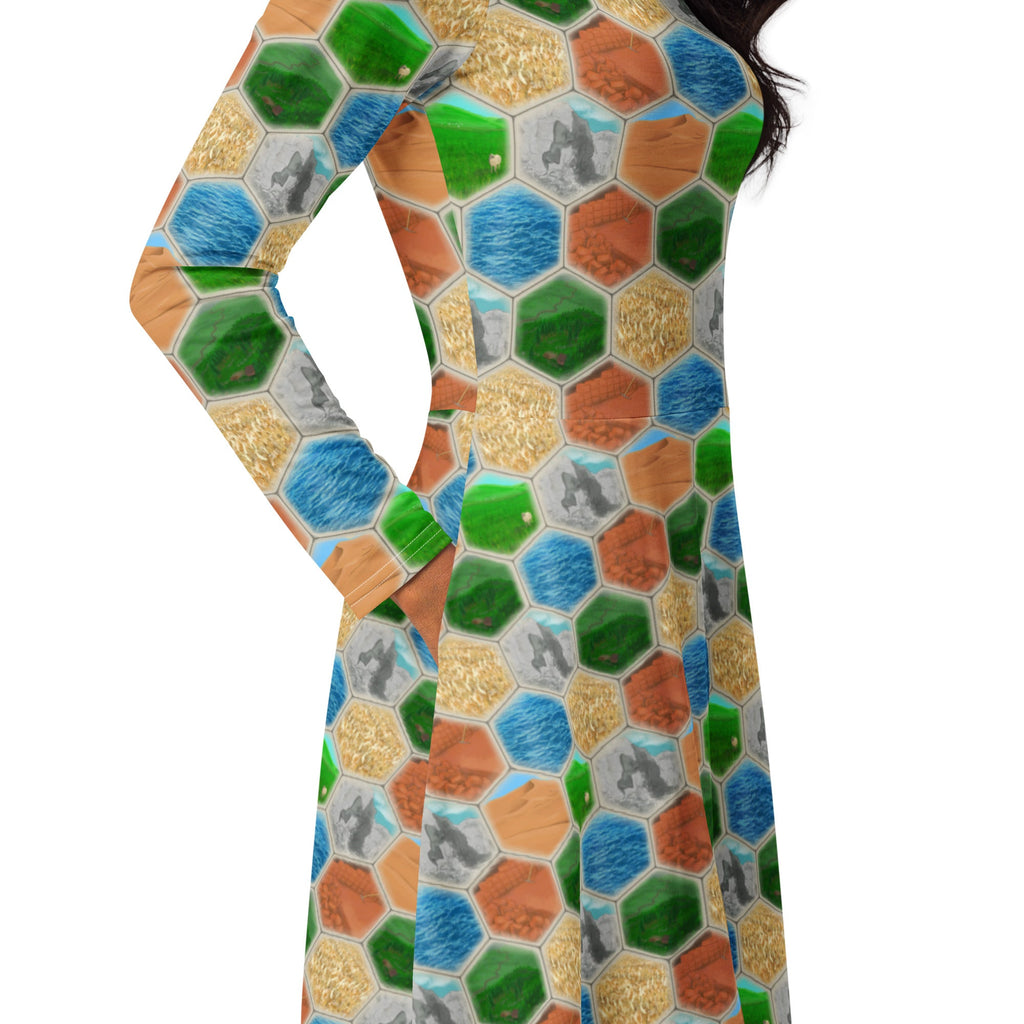 Nerdy Hexagon Tile Board Game Long Sleeve Midi Dress