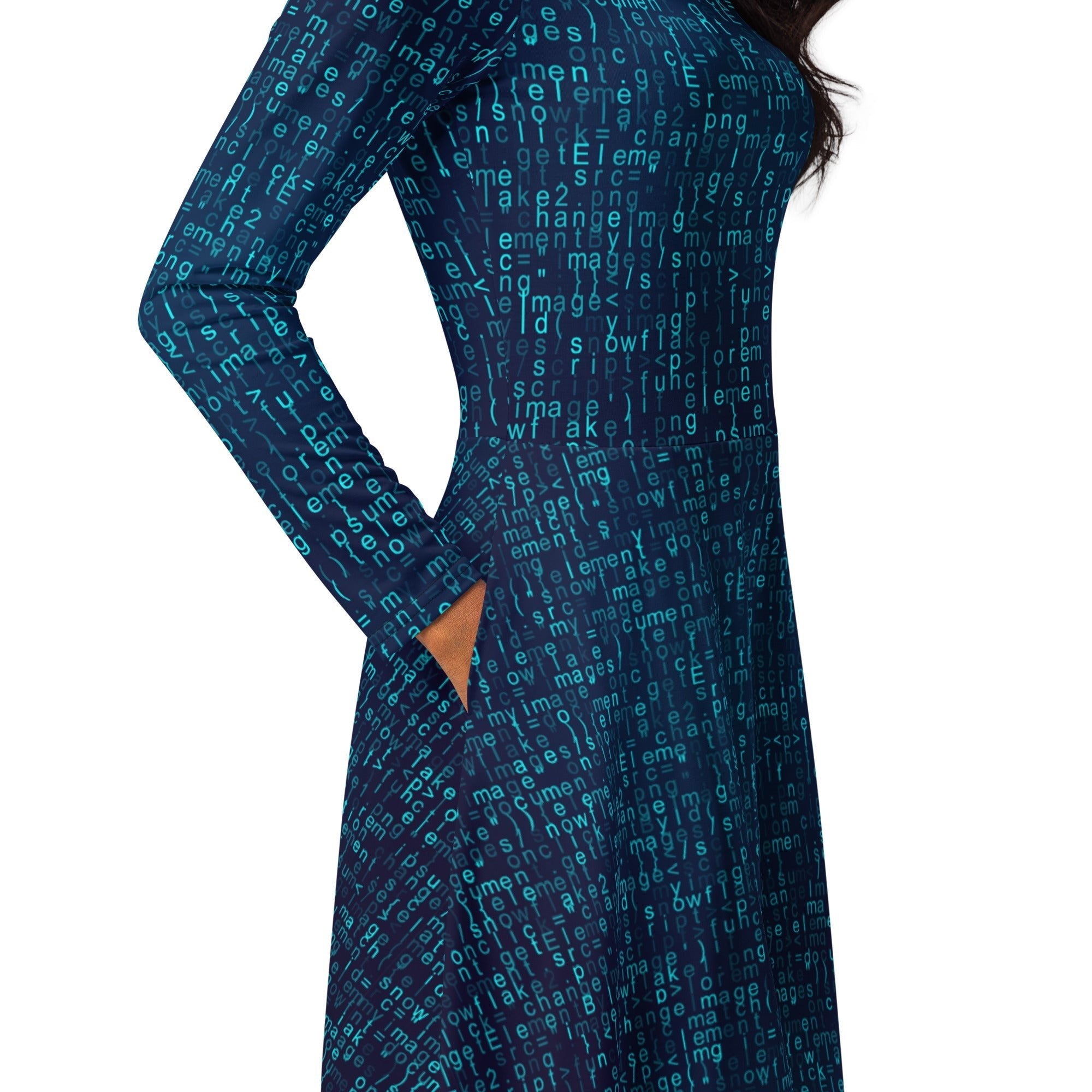 Nerdy Javascript Computer Code Blue Long Sleeve Midi Dress