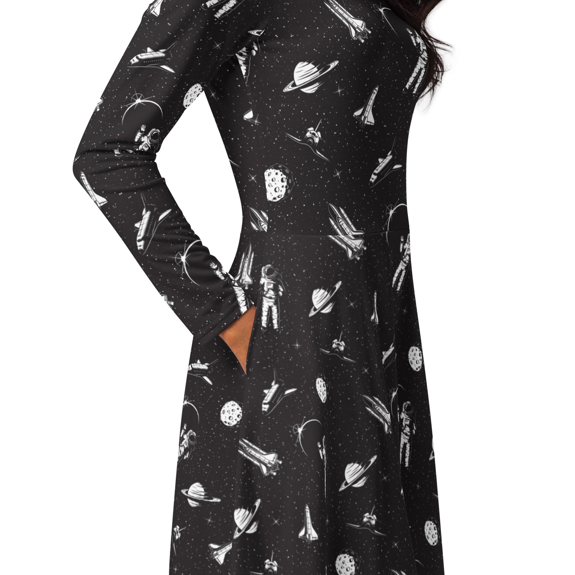 Nerdy Space Mission Black Outer Space Long Sleeve Midi Dress