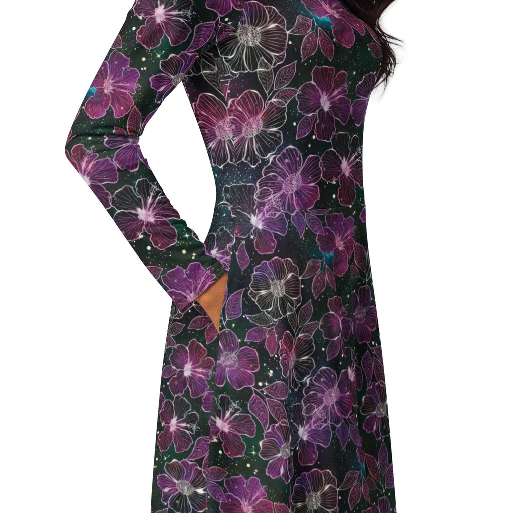 Nerdy Hawaiian Blooms Space Long Sleeve Midi Dress