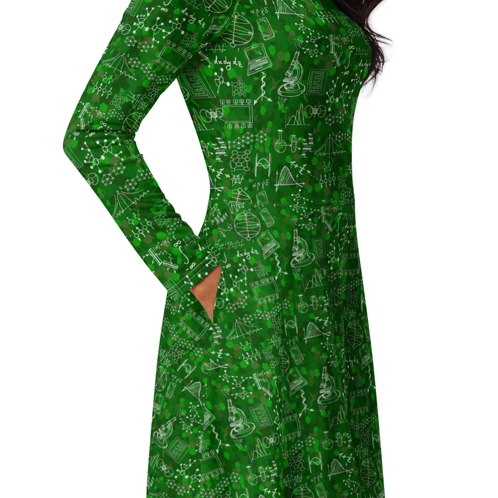 Nerdy Mad Science Lab Green Long Sleeve Midi Dress