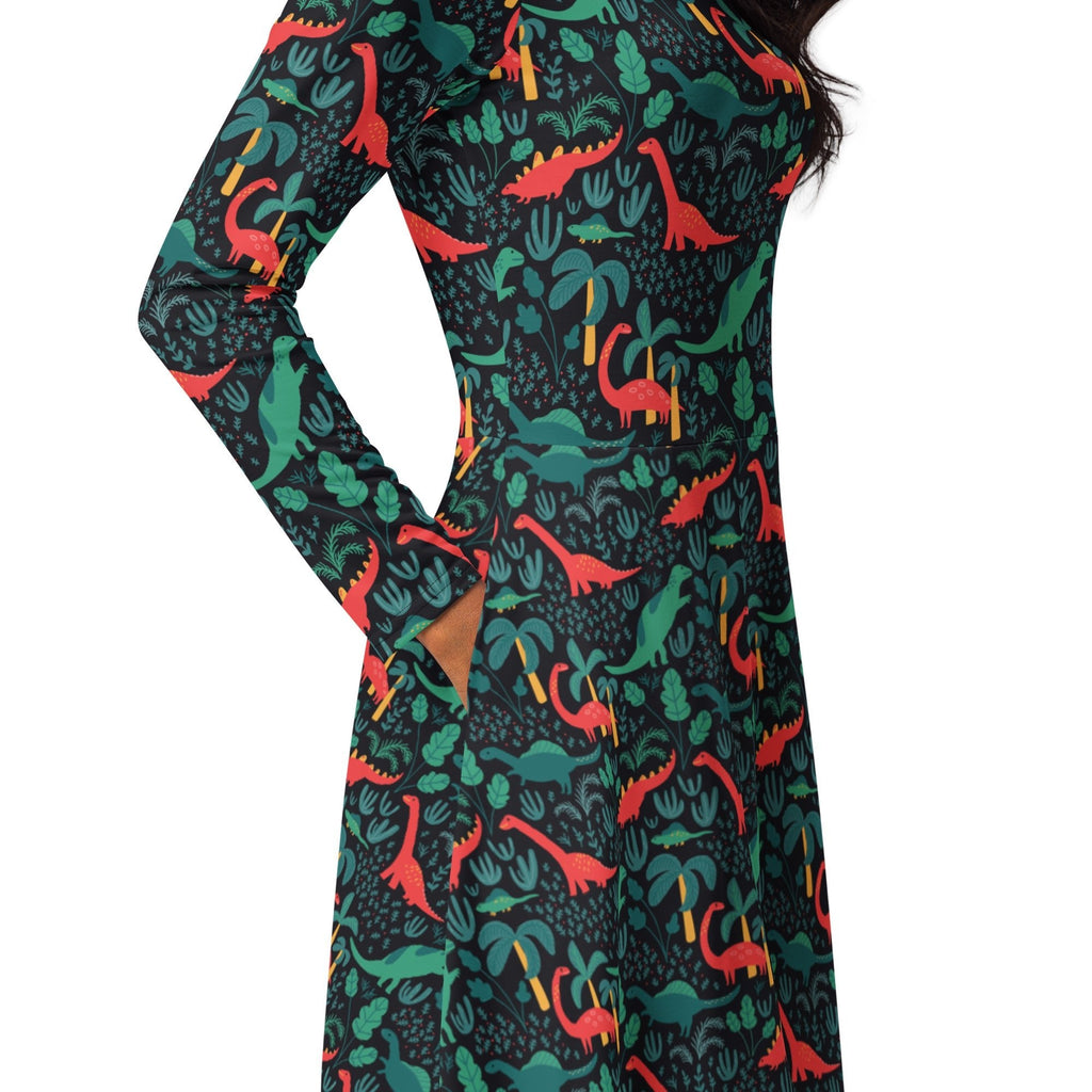 Nerdy Tropical Dinosaur Green Aloha Long Sleeve Midi Dress
