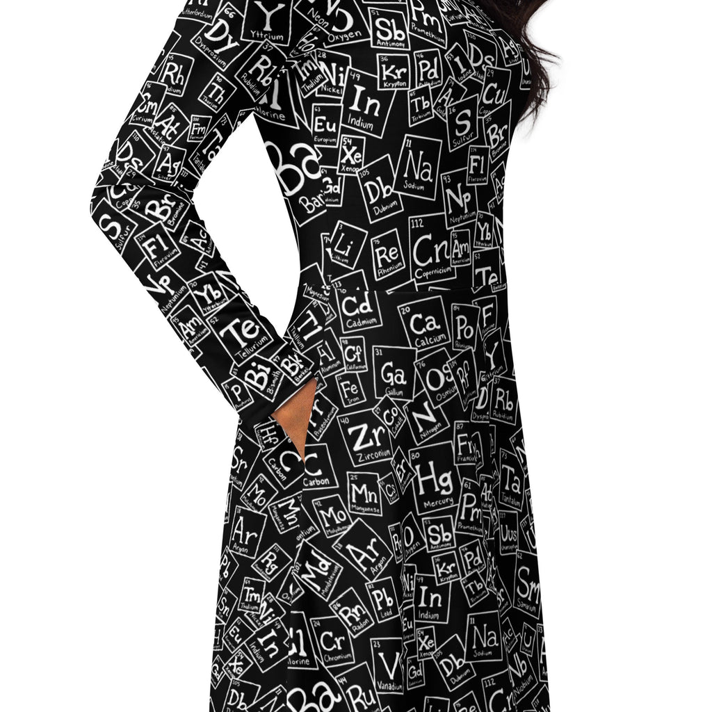 Nerdy Periodic Table BW Long Sleeve Midi Dress