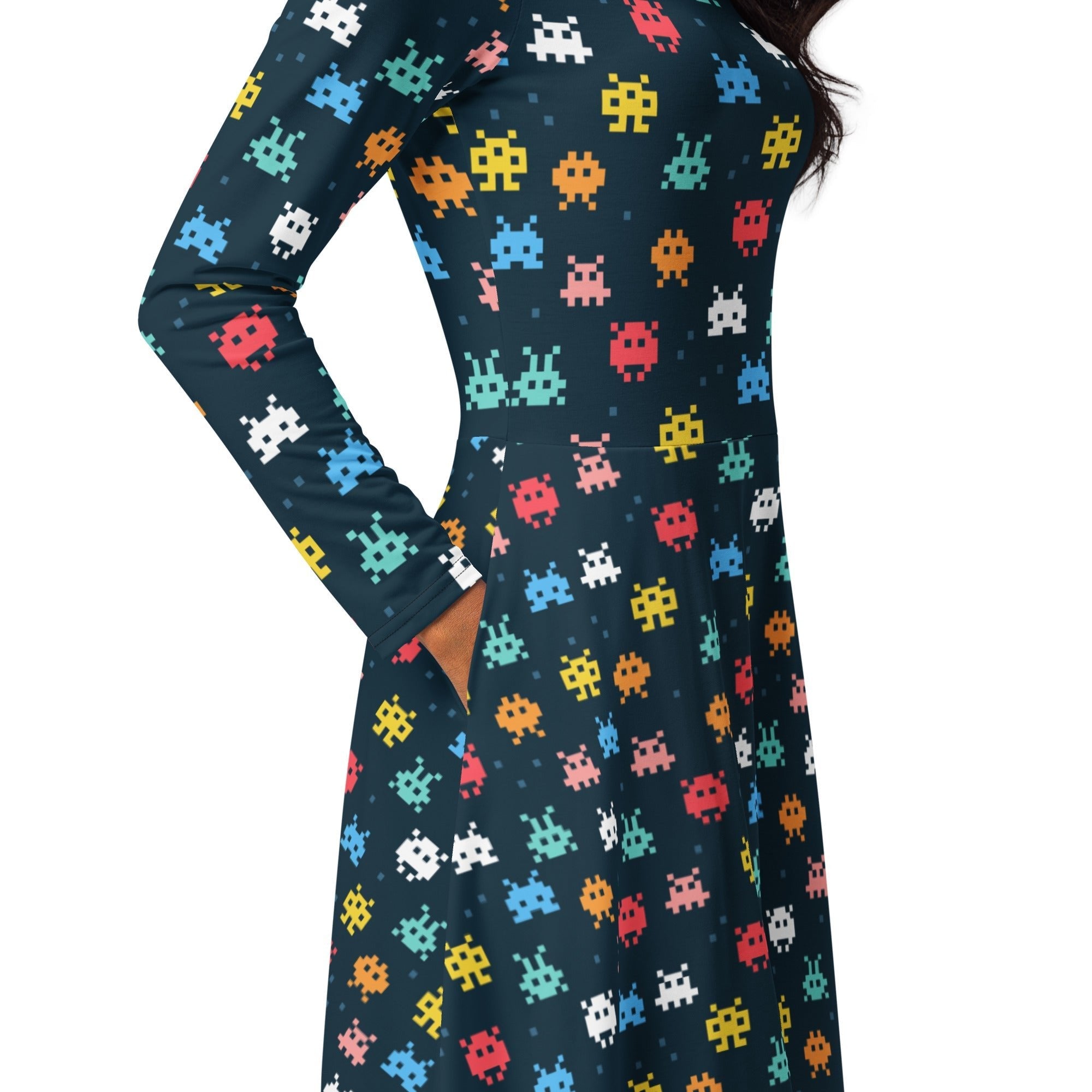 Nerdy Pixel Monsters Teal Video Game Long Sleeve Midi Dress