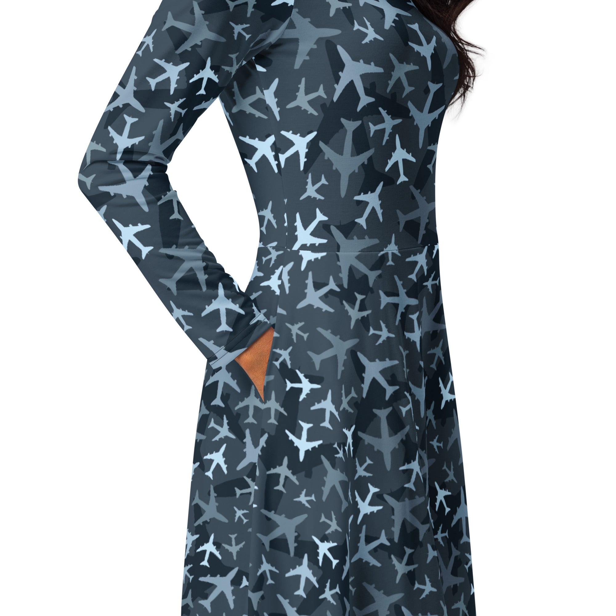 Nerdy Airplanes Blue Camouflage Blue Long Sleeve Midi Dress