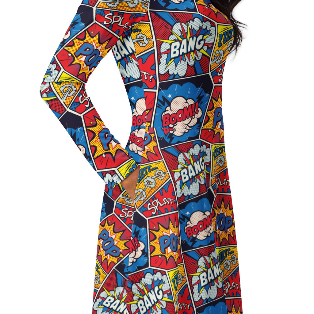 Nerdy Pop Art Comic Book Red Long Sleeve Midi Dress