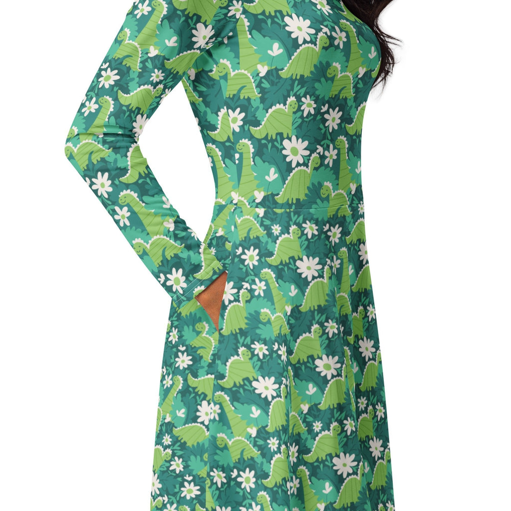 Nerdy Dinosaur Smiles Flowers and Leaves Long Sleeve Midi Dress