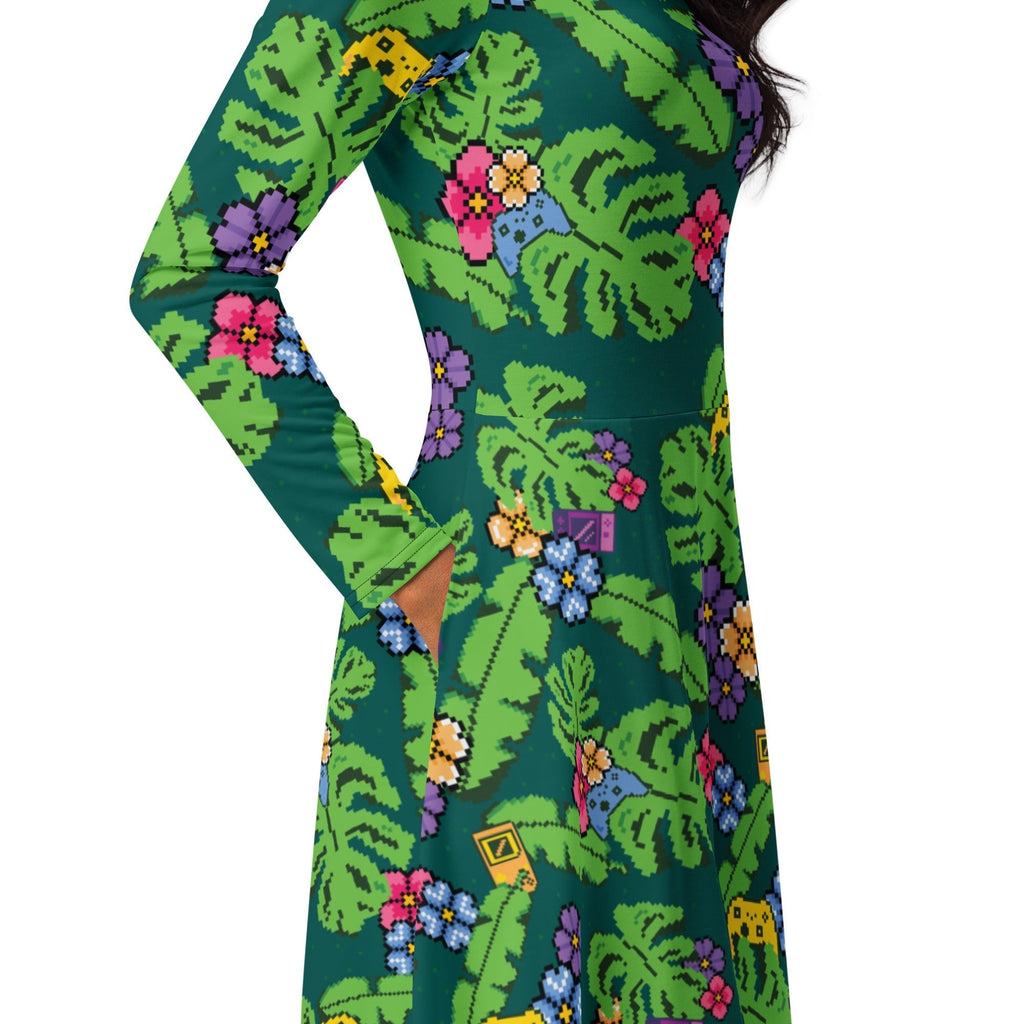 Nerdy Tropical Video Game Pixels Long Sleeve Midi Dress