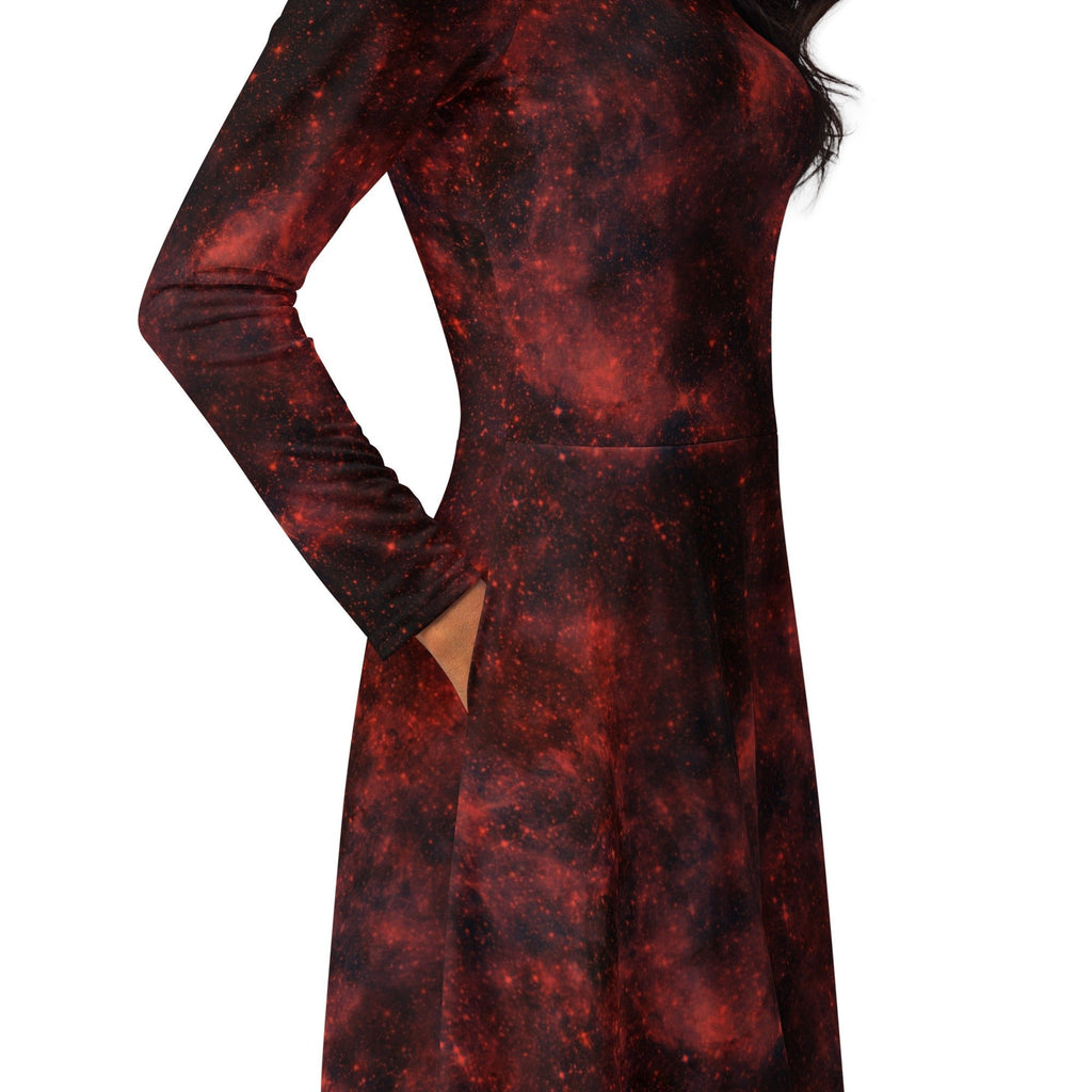 Nerdy Red Nebula Space Long Sleeve Midi Dress
