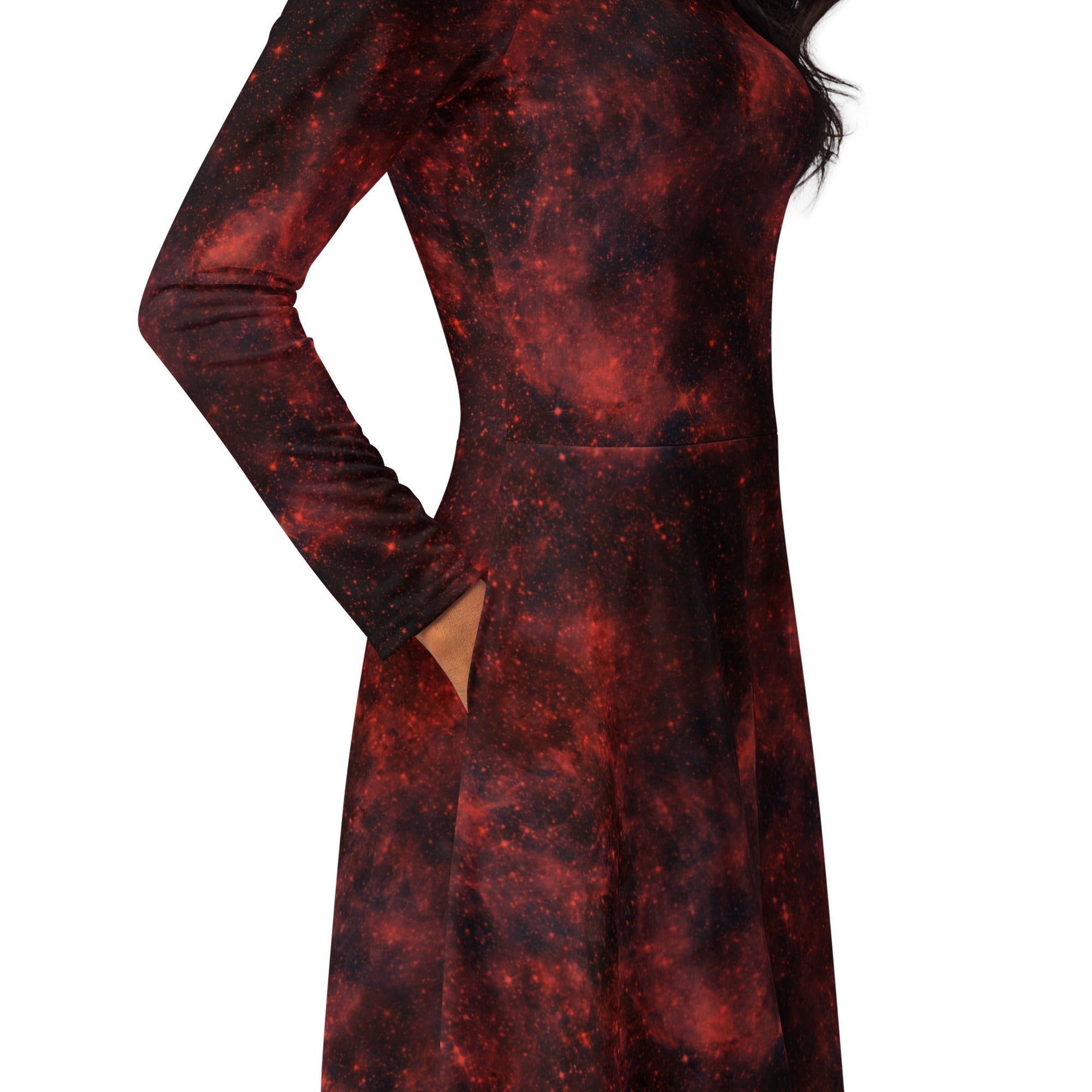 Nerdy Red Nebula Space Long Sleeve Midi Dress