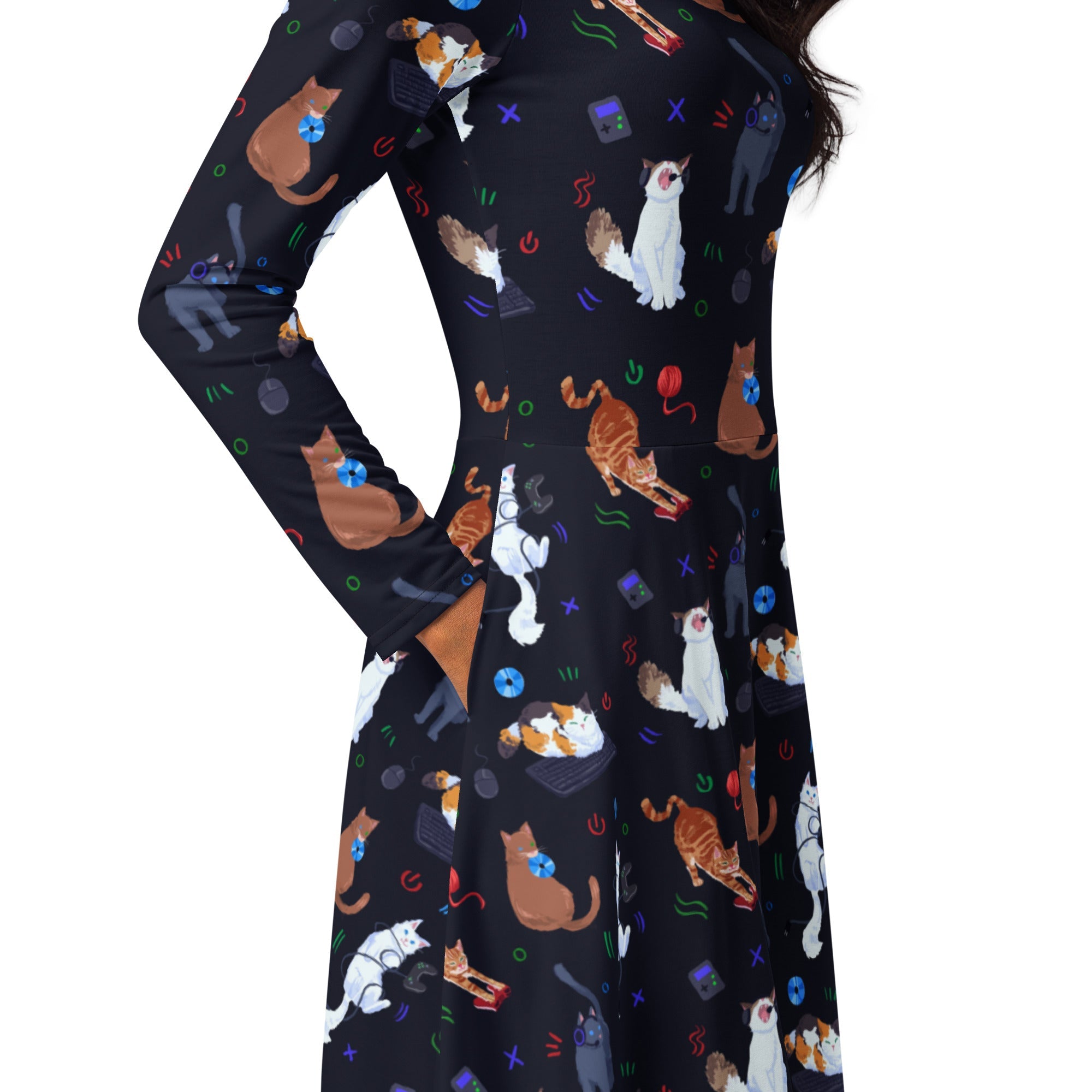 Nerdy Video Game Cats Dark Long Sleeve Midi Dress