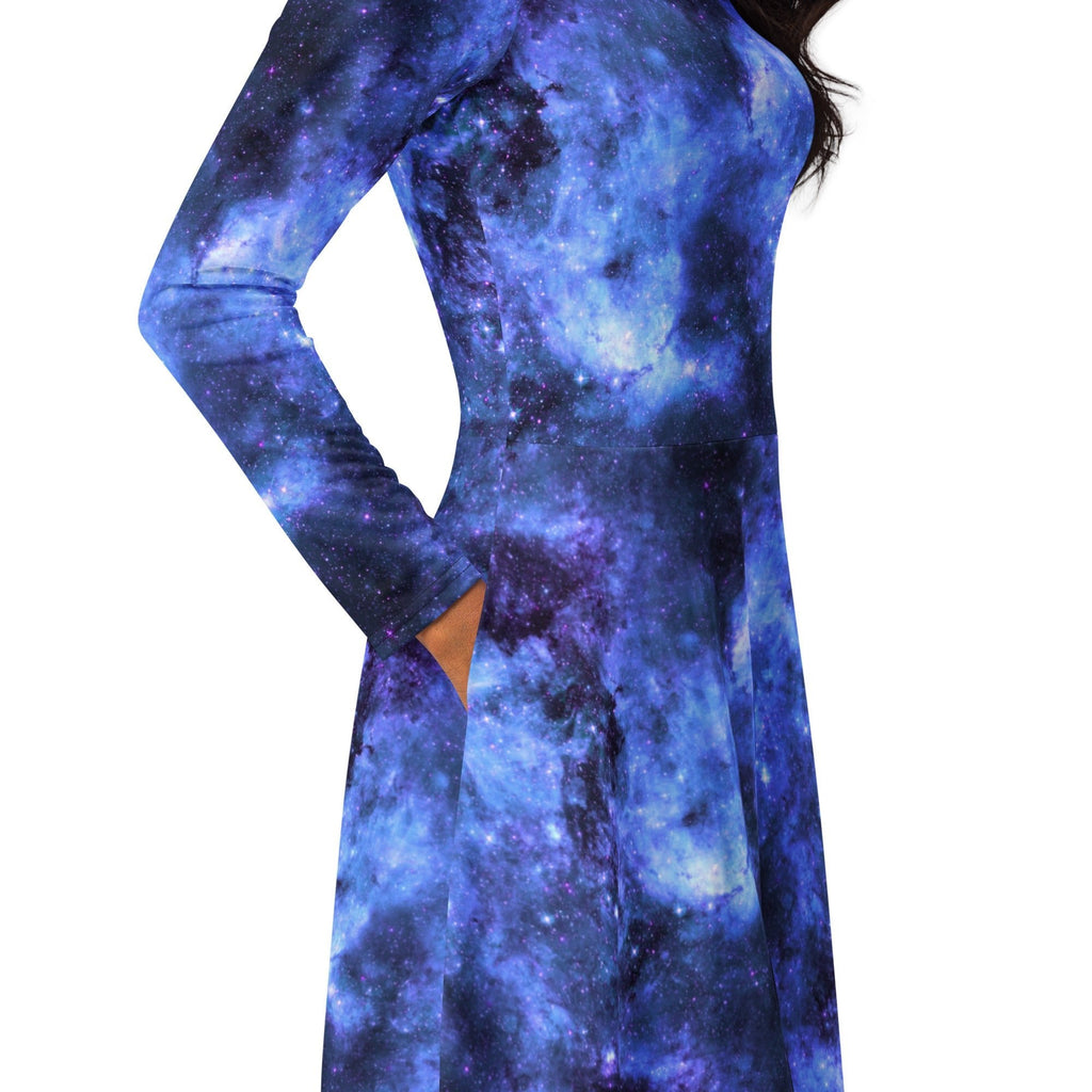 Nerdy Blue Purple Nebula Space Long Sleeve Midi Dress