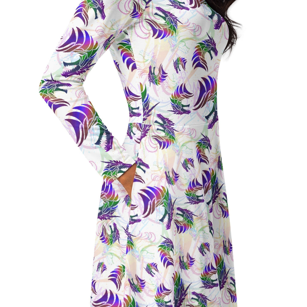 Nerdy Rainbow Dragons and Unicorns Long Sleeve Midi Dress