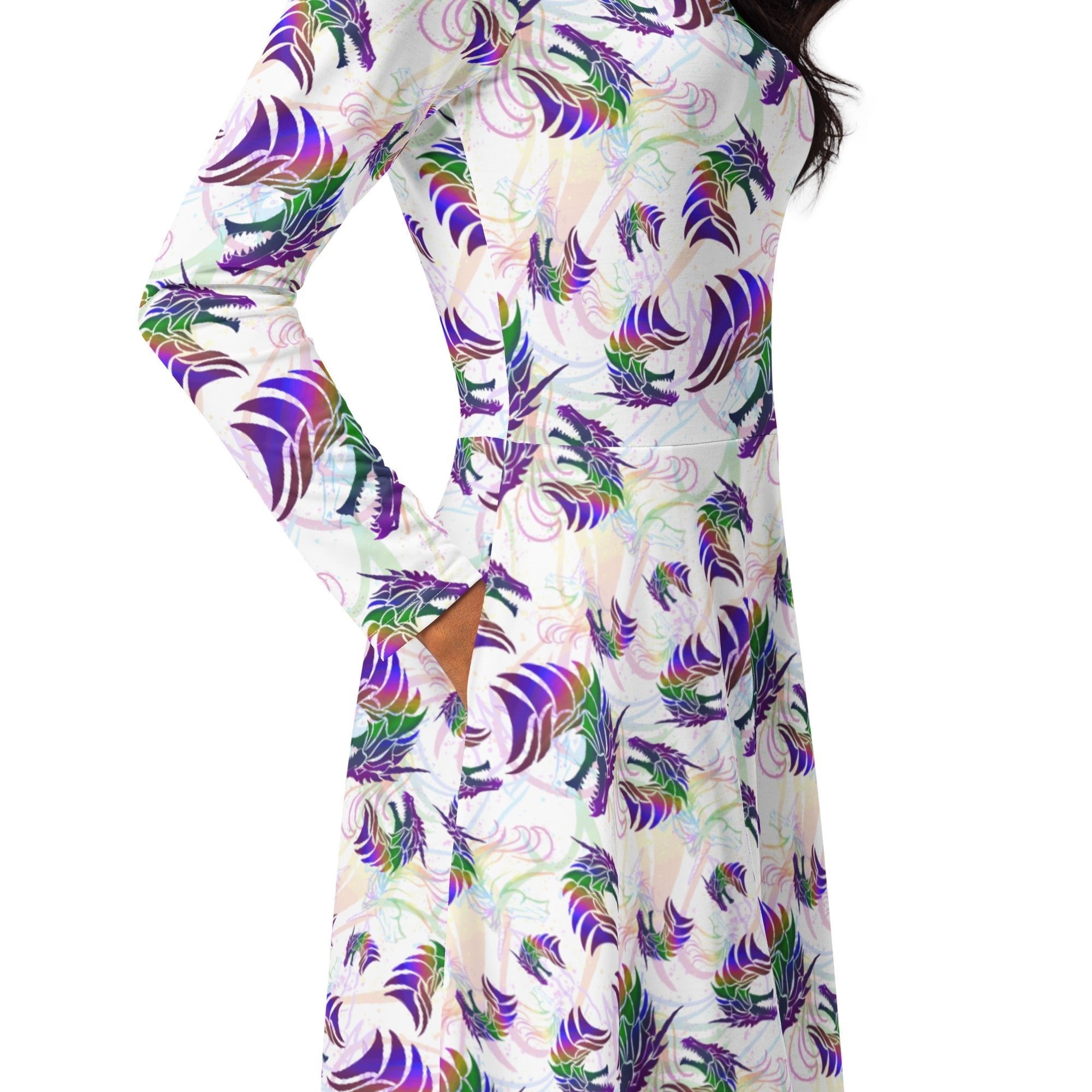 Nerdy Rainbow Dragons and Unicorns Long Sleeve Midi Dress