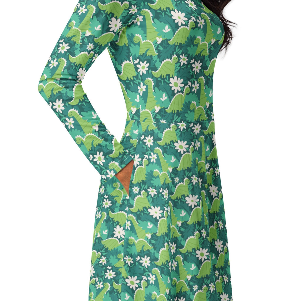 Nerdy Dinosaur Smiles Flowers and Leaves Long Sleeve Midi Dress