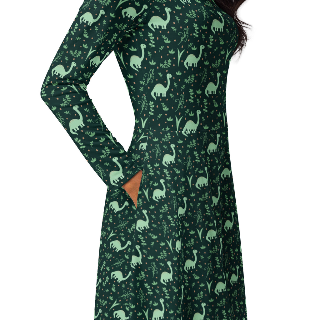 Nerdy Dino Green Tropics Green Dinosaur Long Sleeve Midi Dress