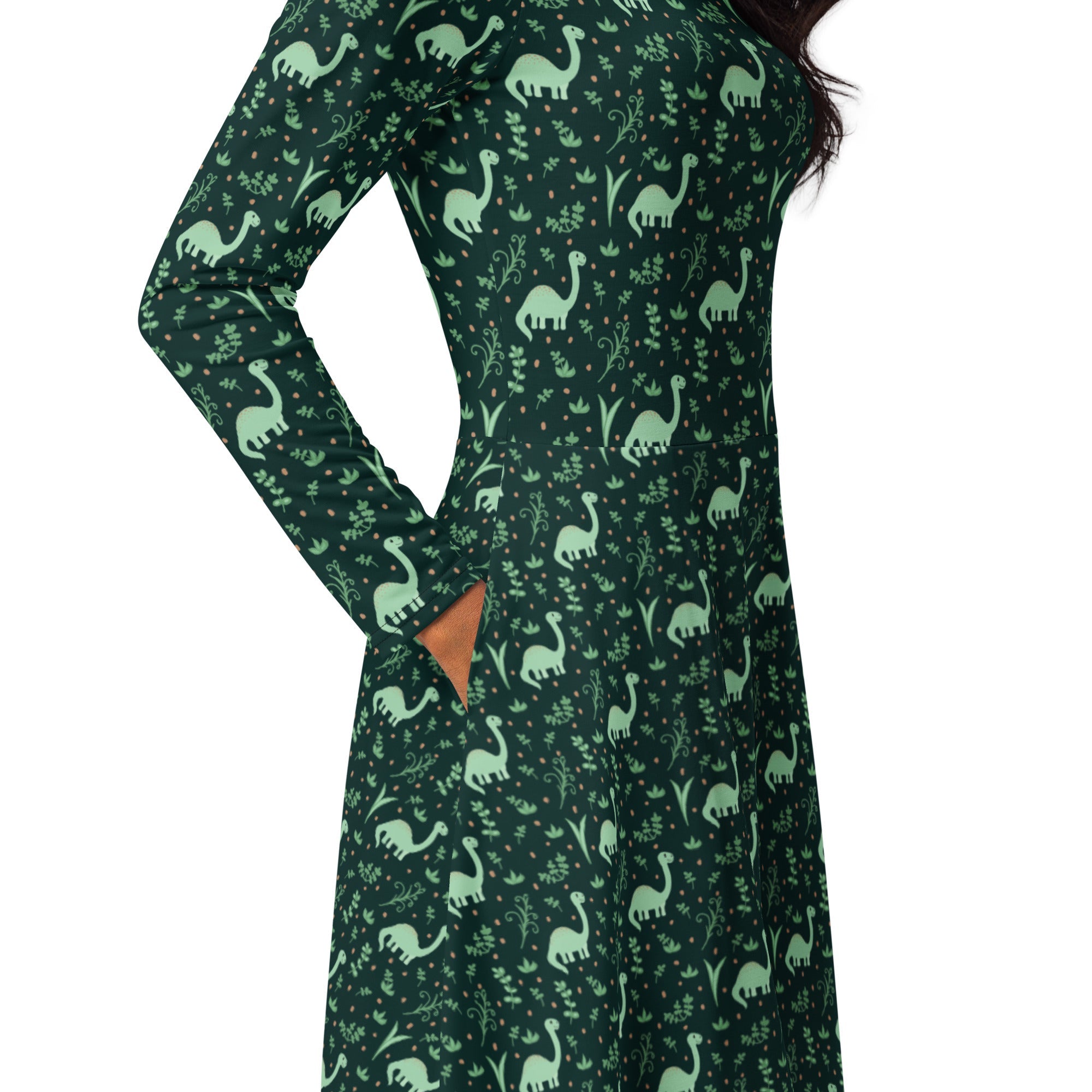 Nerdy Dino Green Tropics Green Dinosaur Long Sleeve Midi Dress