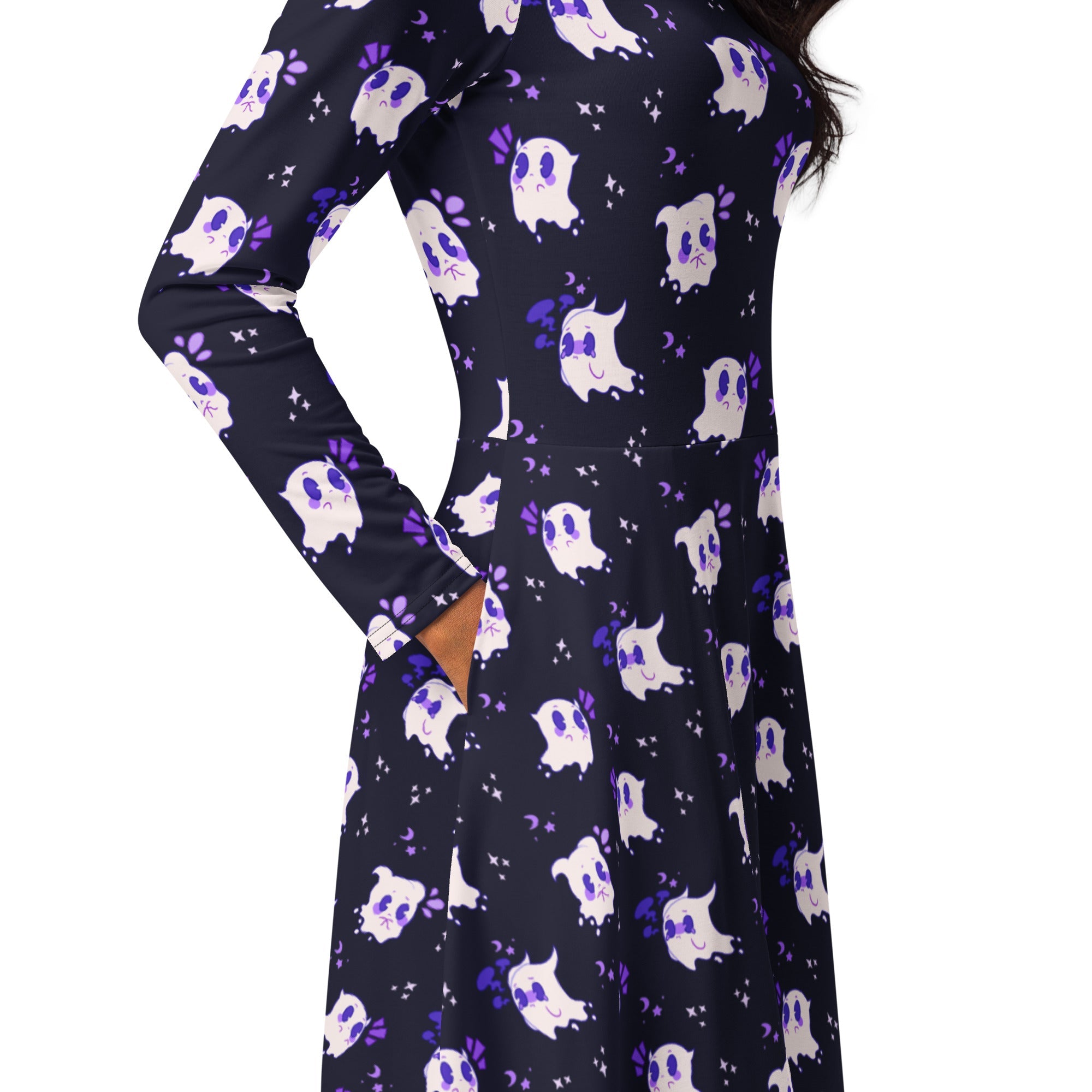 Nerdy Anxious Ghosts Purple Long Sleeve Midi Dress