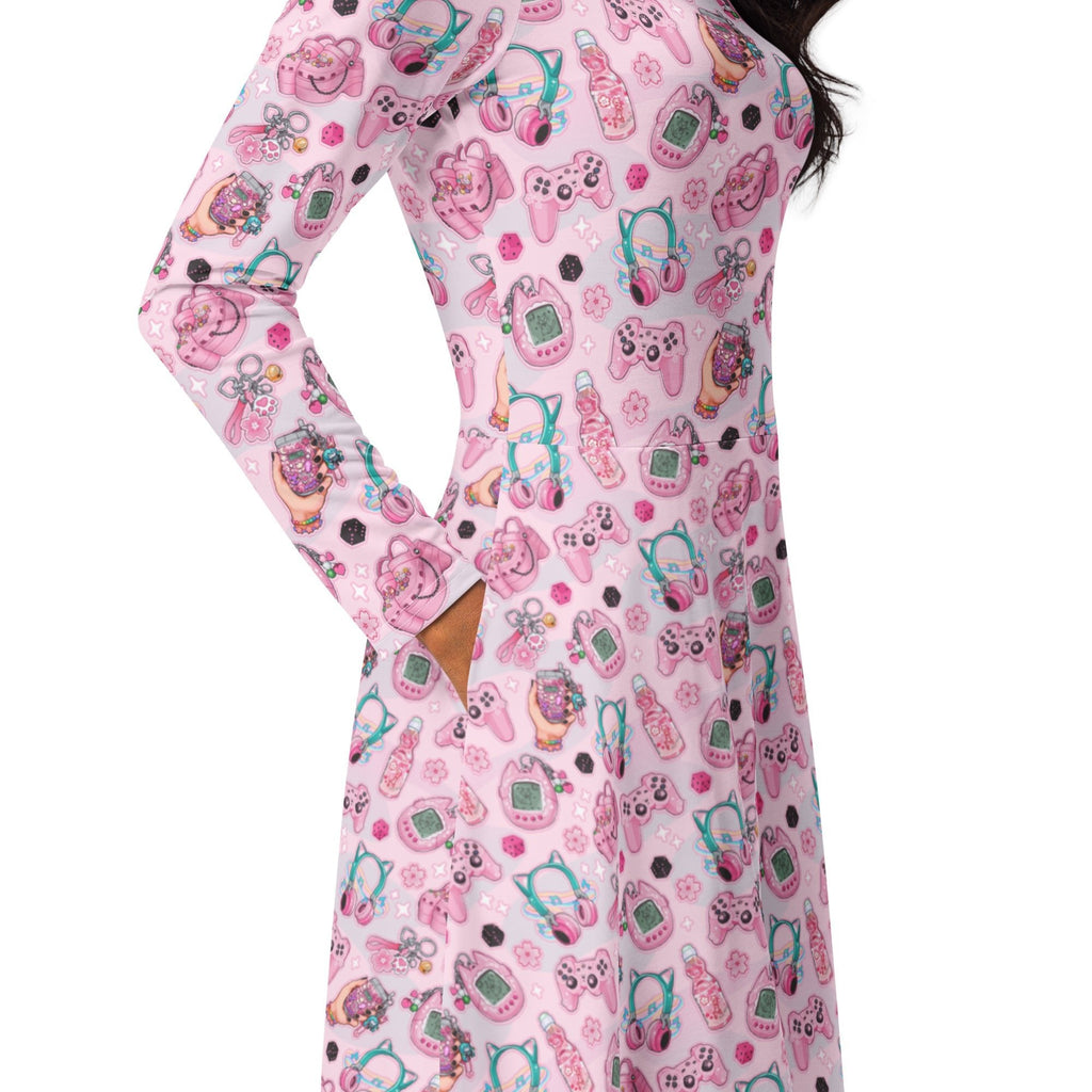 Anime Gamer Items Pink Long Sleeve Midi Dress 5