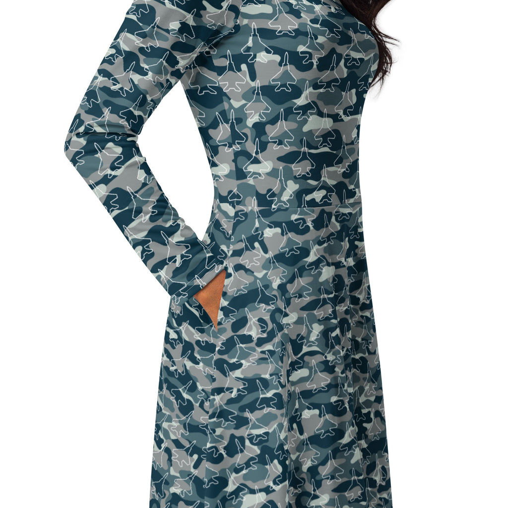 Military Fighter Jet Navy Camo Blue Long Sleeve Midi Dress 5