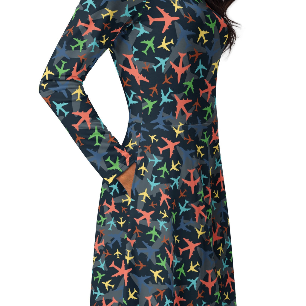 Multi Colored Airplanes on Blue Long Sleeve Midi Dress 5