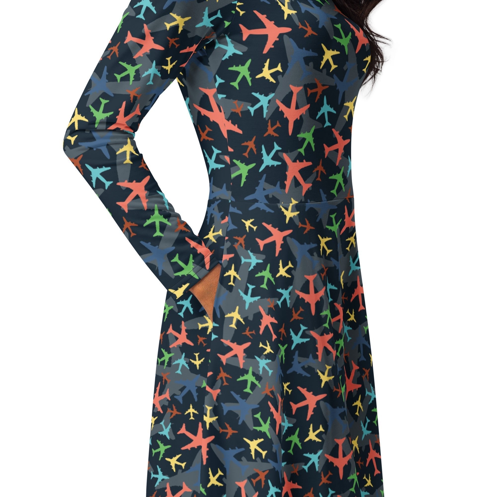 Multi Colored Airplanes on Blue Long Sleeve Midi Dress 5