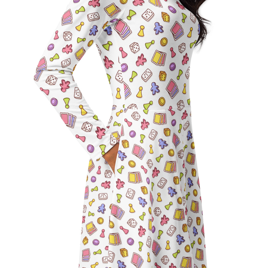 Board Game Objects Meeples White Long Sleeve Midi Dress 5