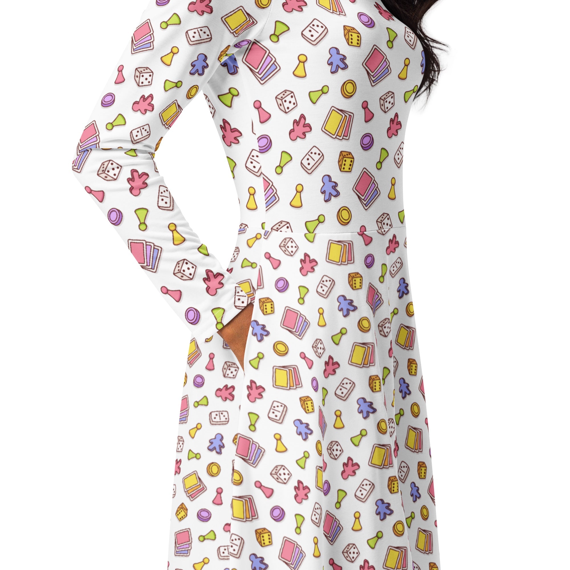 Board Game Objects Meeples White Long Sleeve Midi Dress 5
