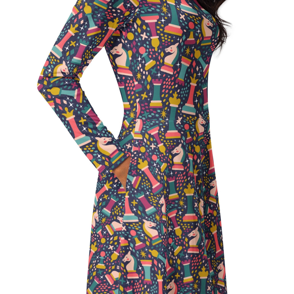 Chess Colorful Chess Pieces Blue Long Sleeve Midi Dress 5
