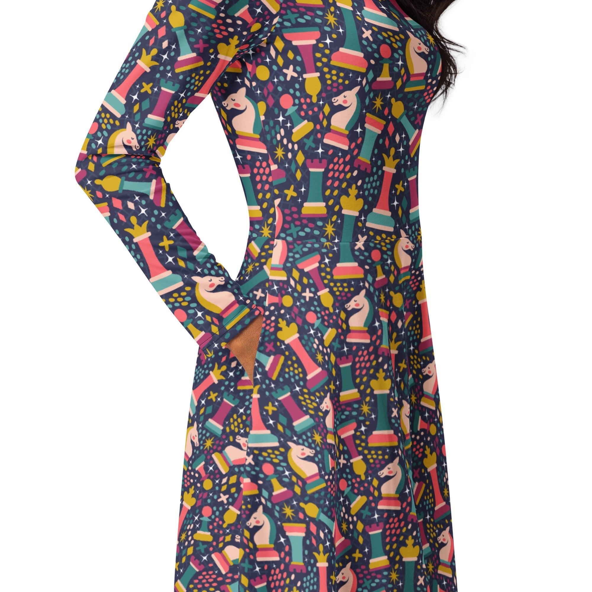 Chess Colorful Chess Pieces Blue Long Sleeve Midi Dress 5