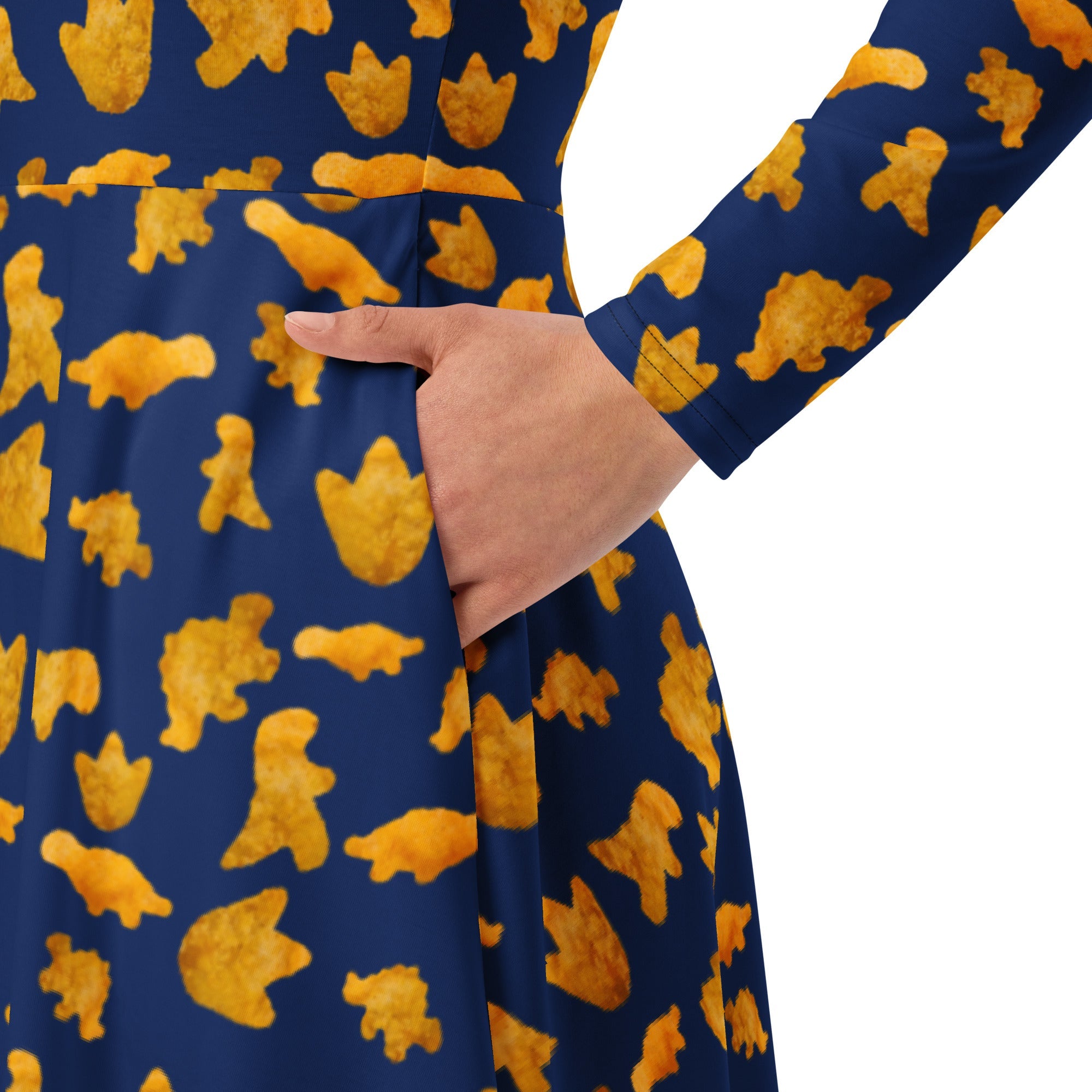 Nerdy Dinosaur Chicken Nuggets Blue Long Sleeve Midi Dress
