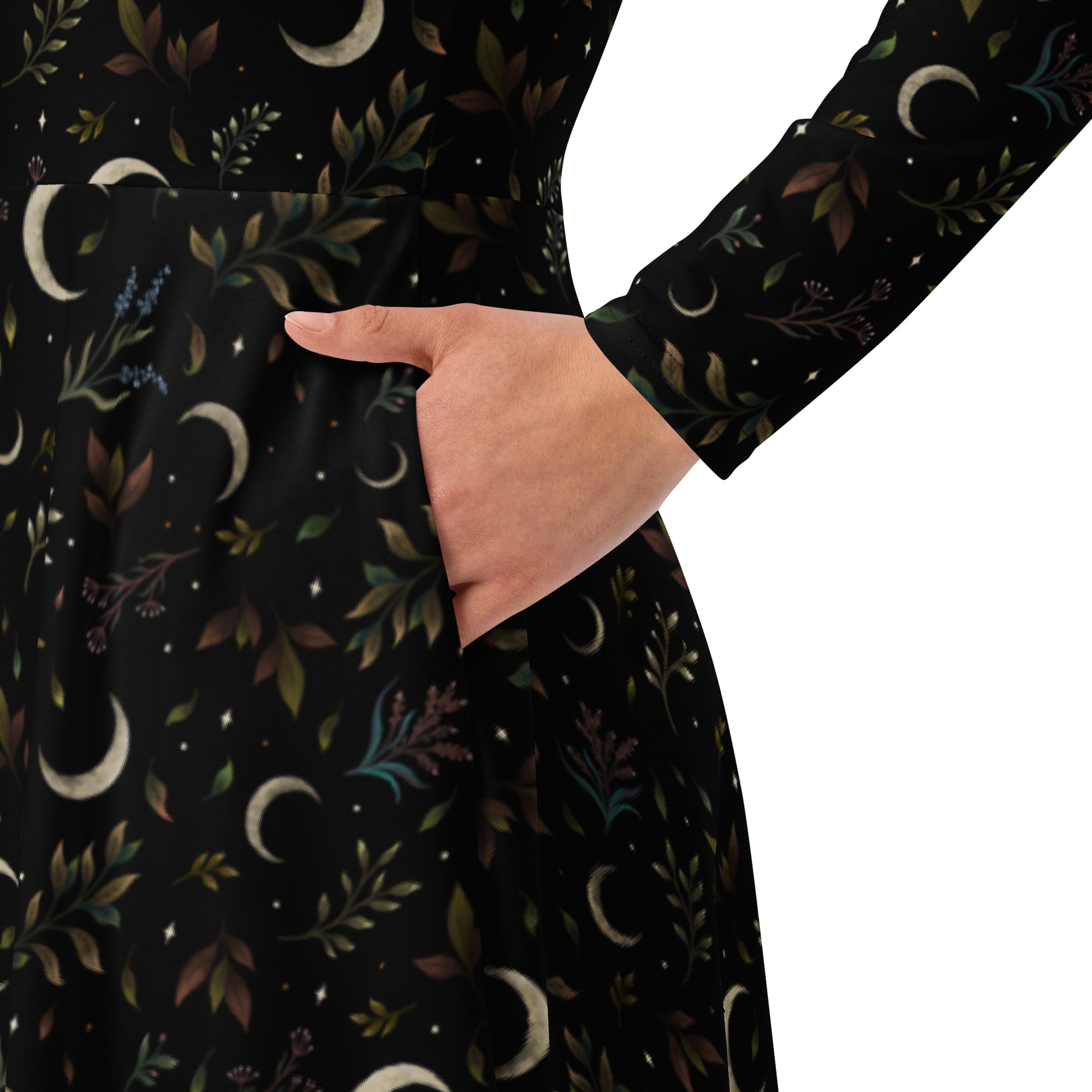 Nerdy Episodic Crescent Moon Garden Long Sleeve Midi Dress