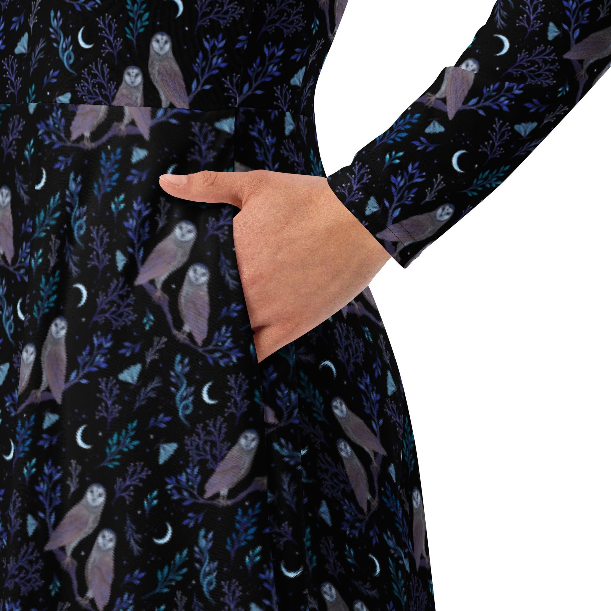 Nerdy Episodic Owl Floral Long Sleeve Midi Dress