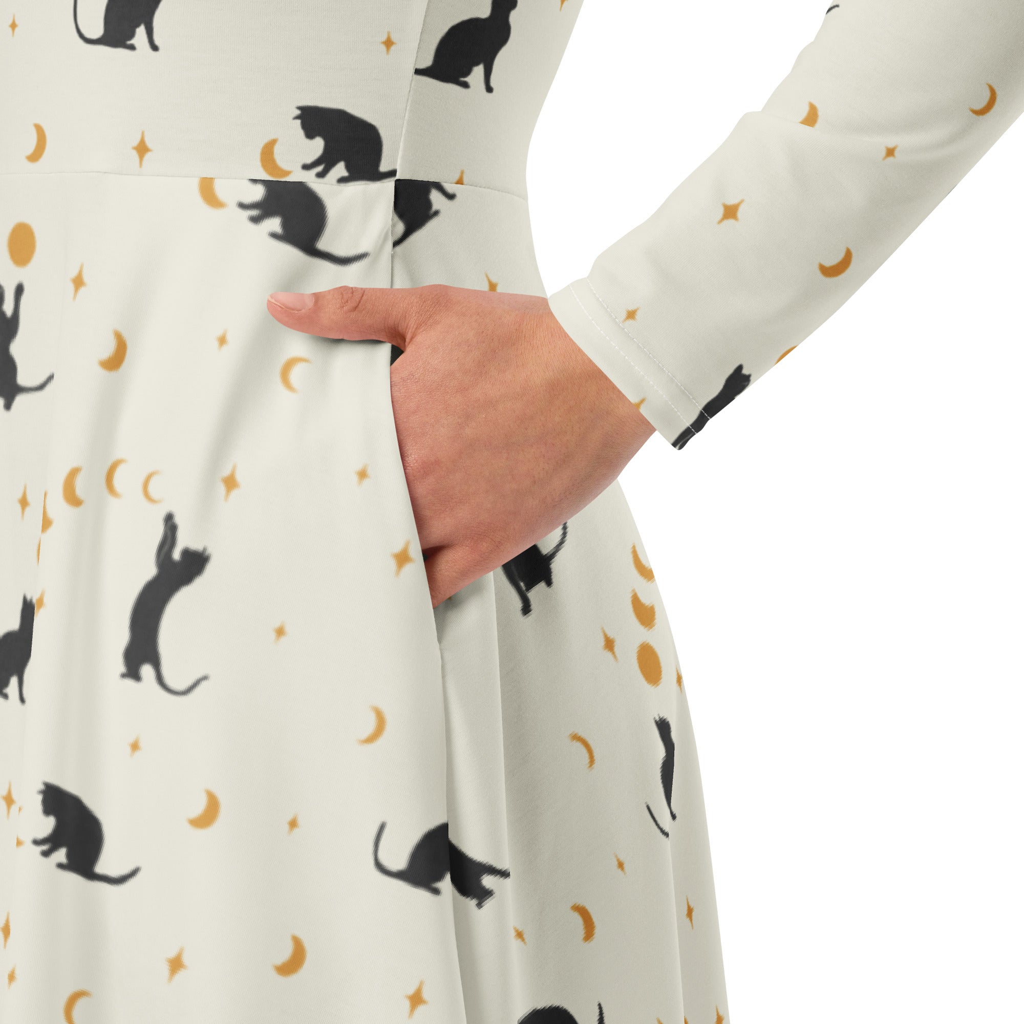 Nerdy Episodic Cat Catching the Moon Long Sleeve Midi Dress
