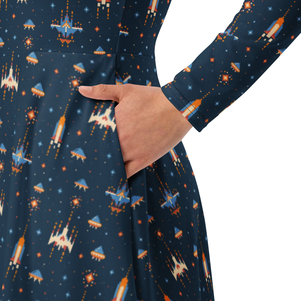Nerdy Space Retro Arcade Long Sleeve Midi Dress