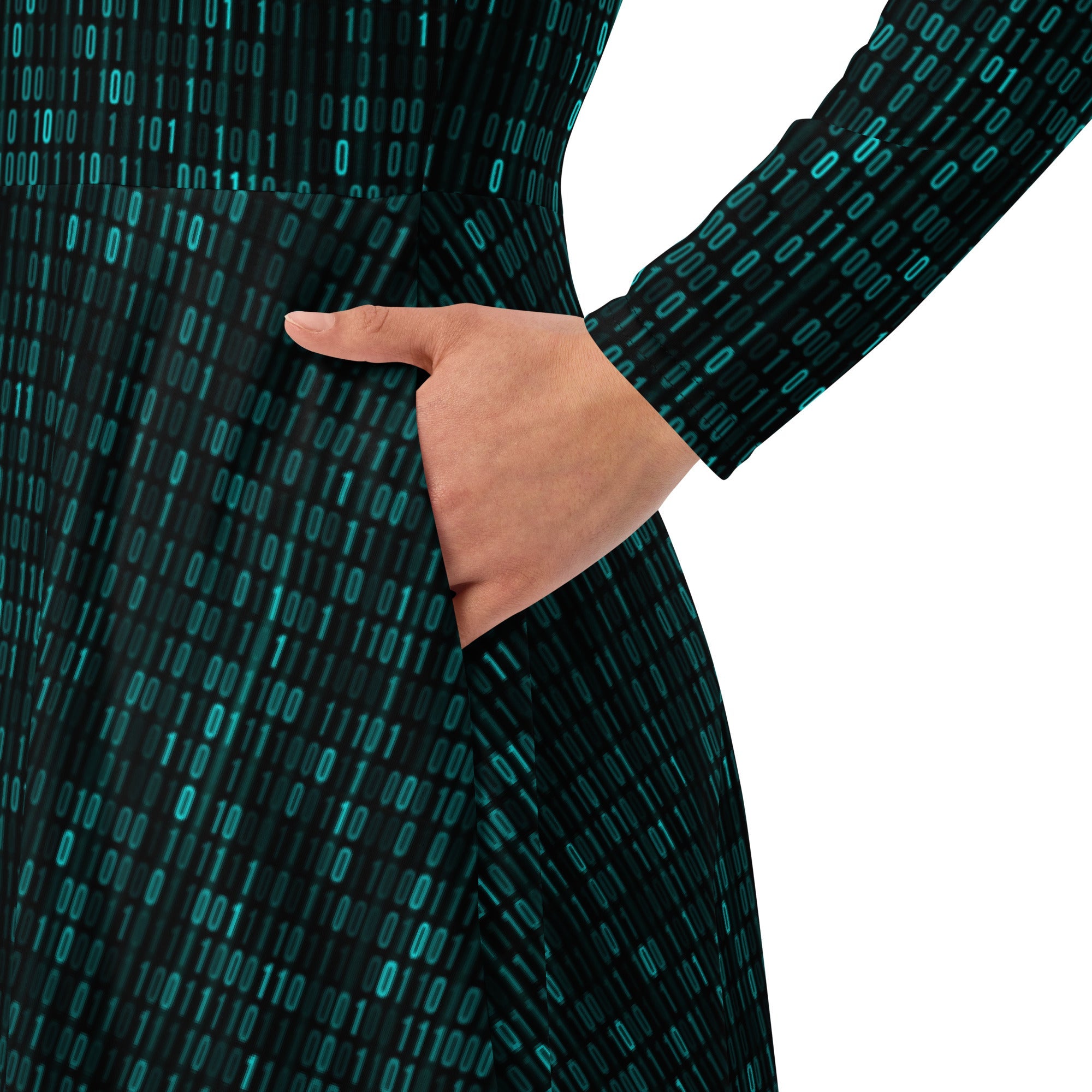 Nerdy Binary Computer 1s and 0s Teal Black Long Sleeve Midi Dress