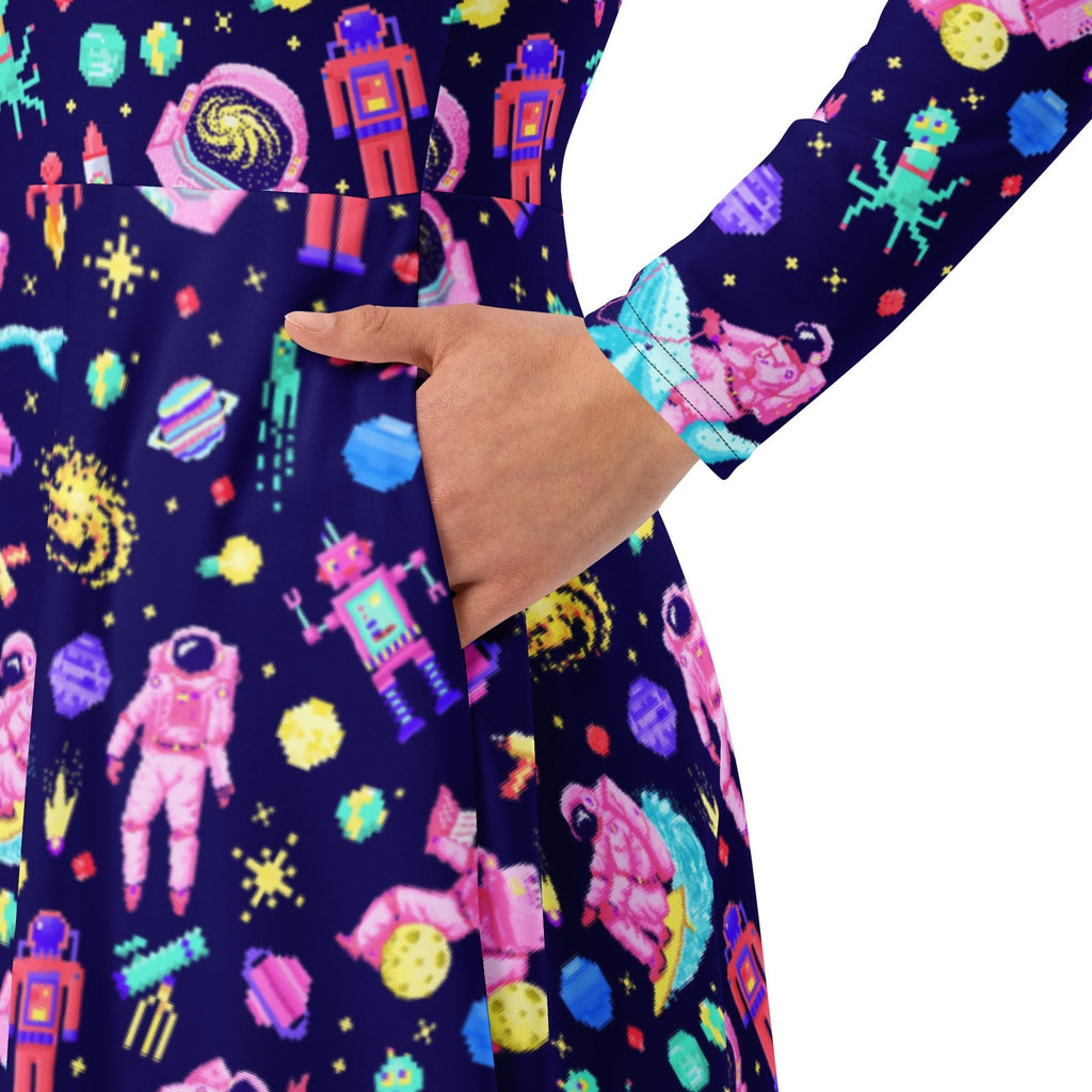 Nerdy Astronaut Pixels Outer Space Purple Blue Long Sleeve Midi Dress