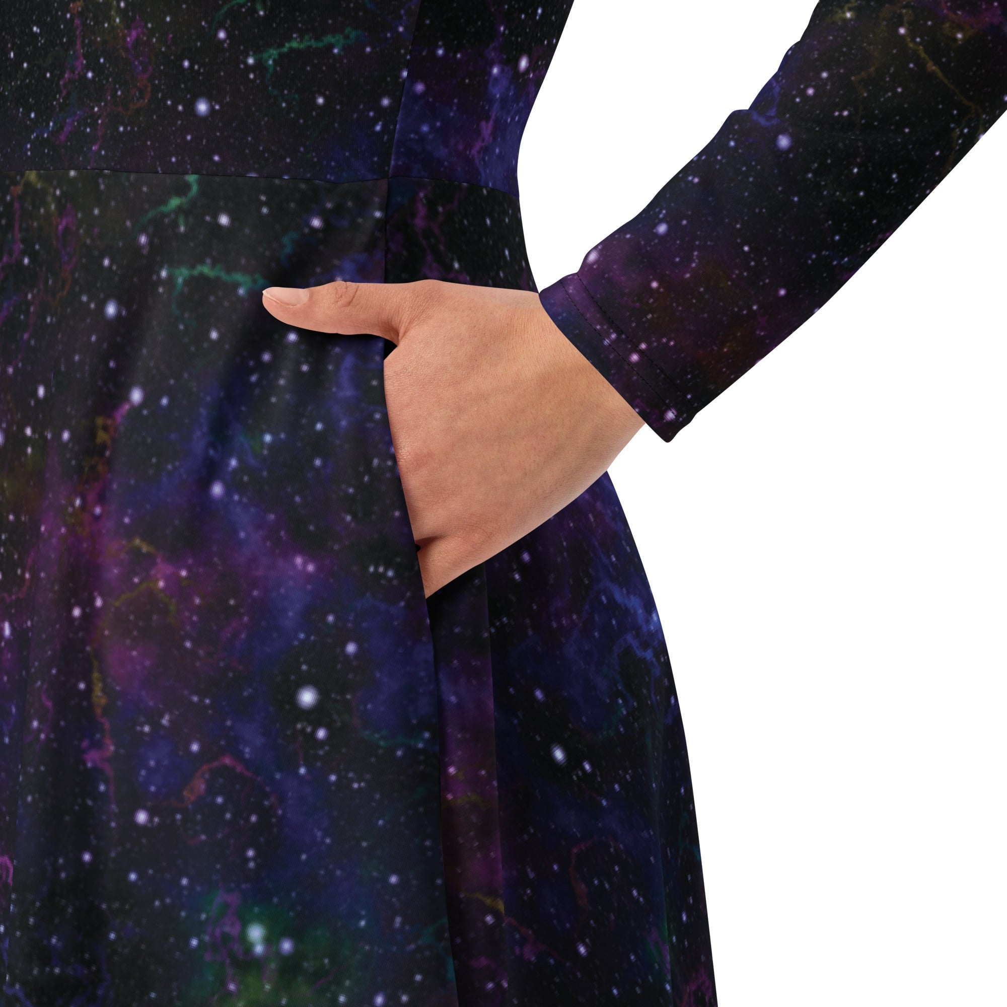 Nerdy Beautiful Nebula Outer Space Long Sleeve Midi Dress